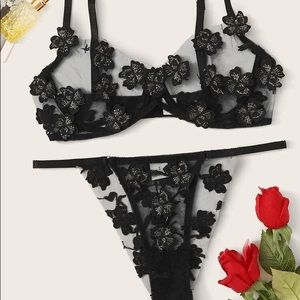 Floral Appliques Mesh Underwire Lingerie Set